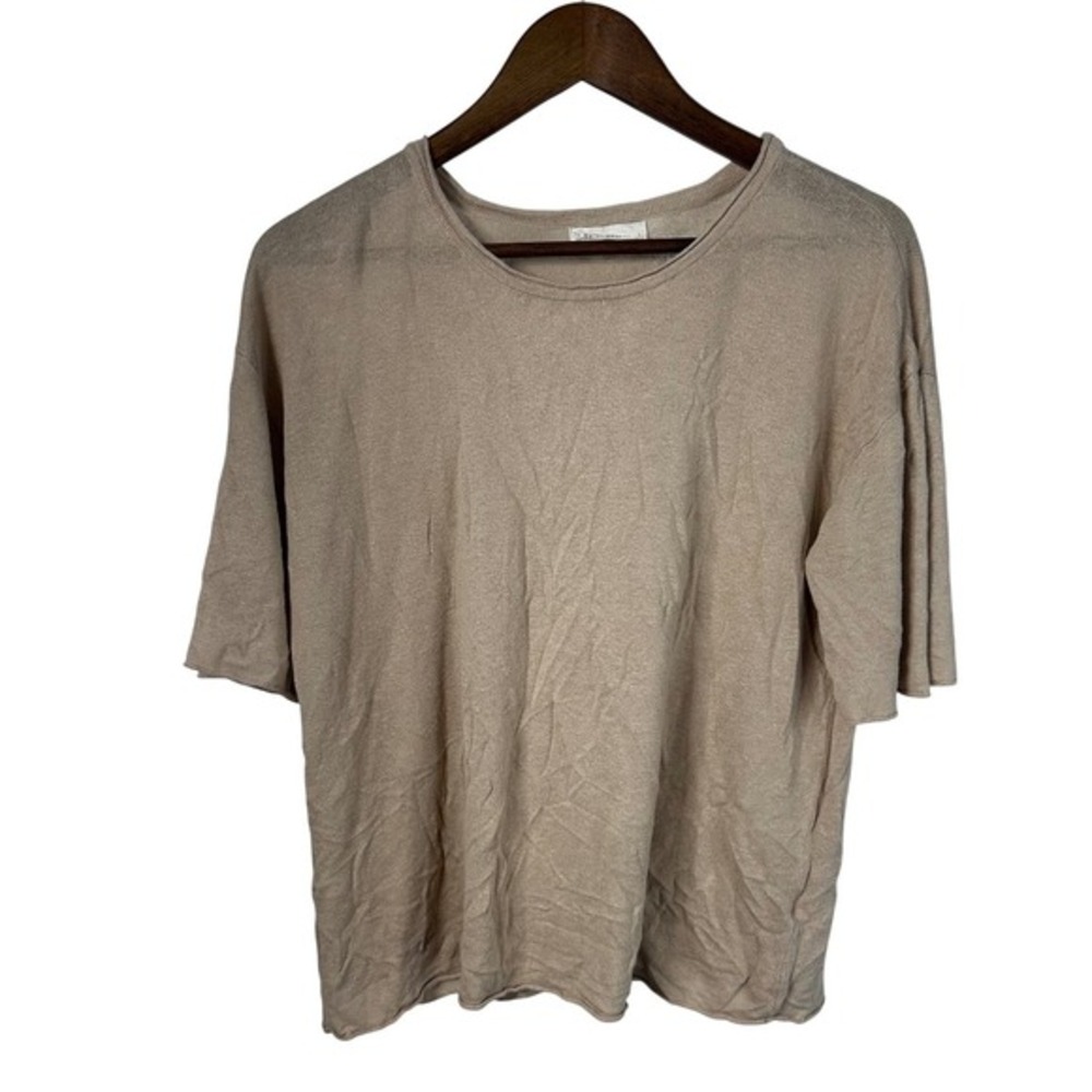 By Together Women Small Linen Blend Short‎ Sleeve Knit Top Tan Brown L4908